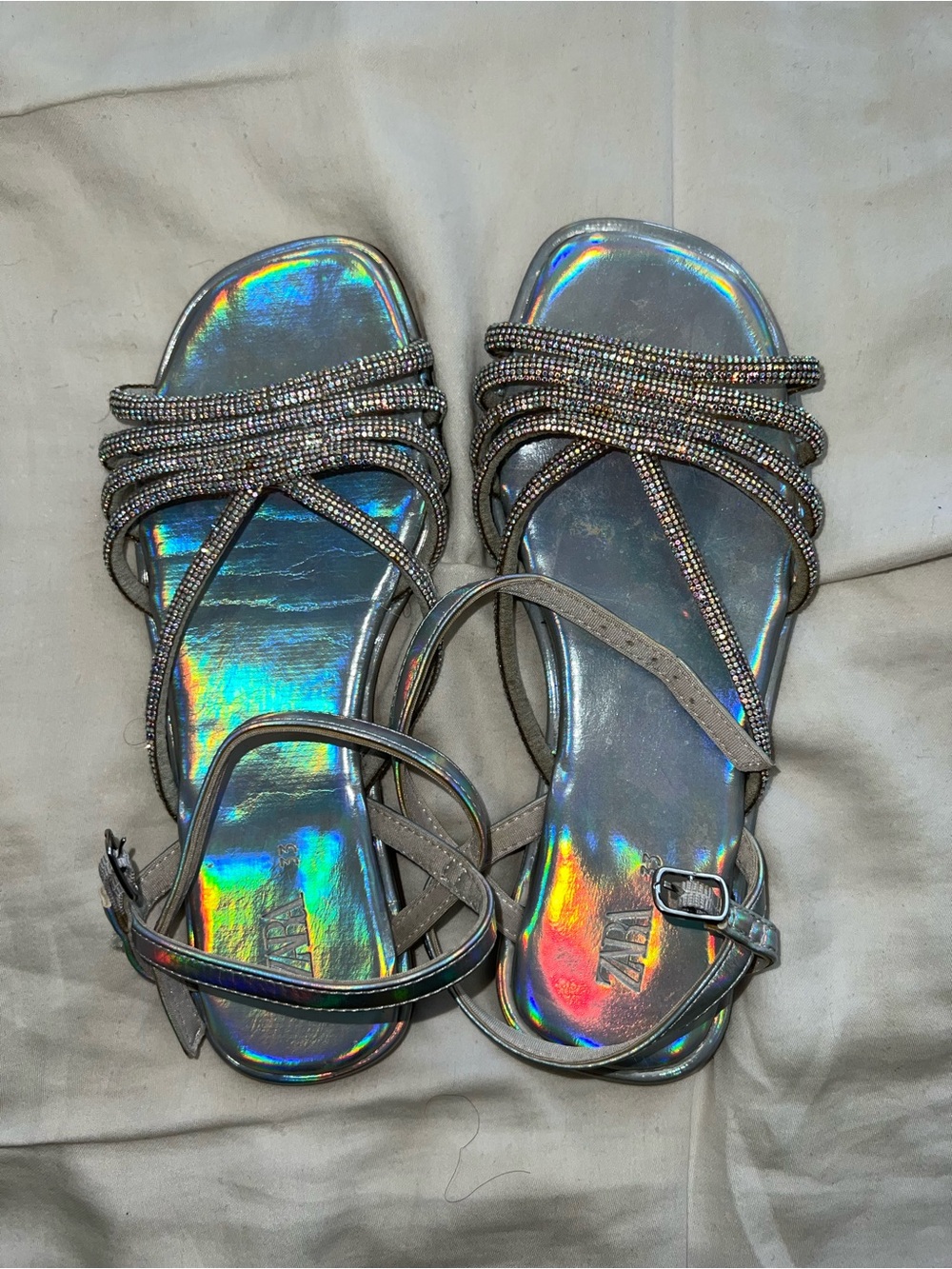 Zara Silver Holographic Strappy Sandals with Rhinestone Accents